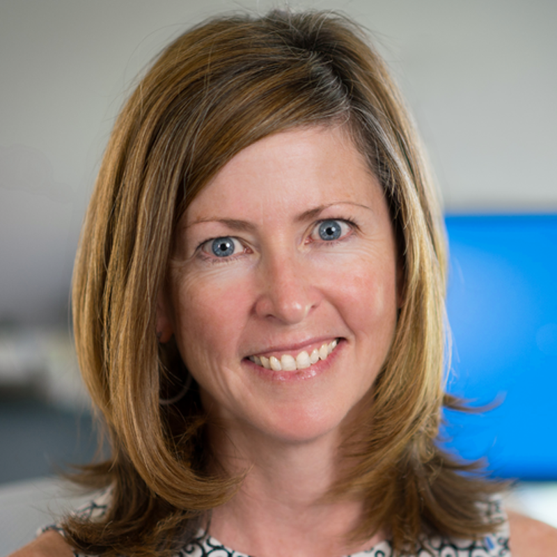 The image shows a woman with fair skin, blue eyes, and shoulder-length brown hair with highlights. She has a warm smile and appears to be in her late 30s or early 40s. The background is blurred, but it seems to be an office setting with a blue computer screen visible. She is wearing a sleeveless top with a subtle pattern.